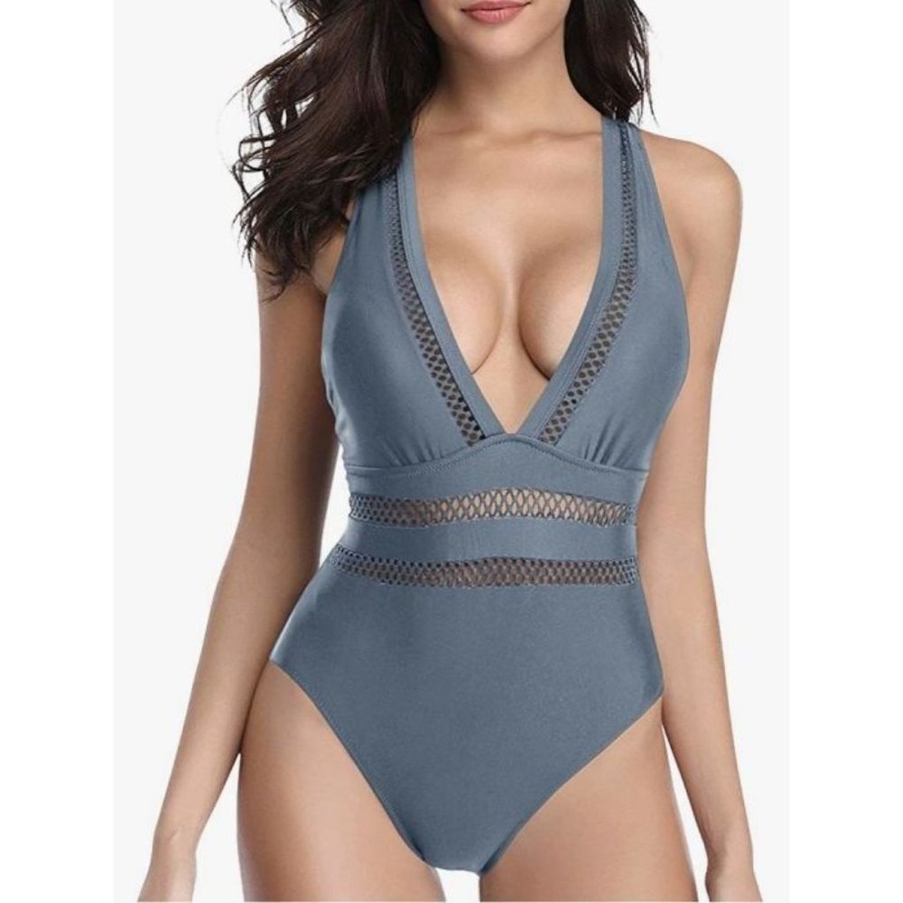 Tempt Me Mesh Inset Plunge One Piece Swimsuit L